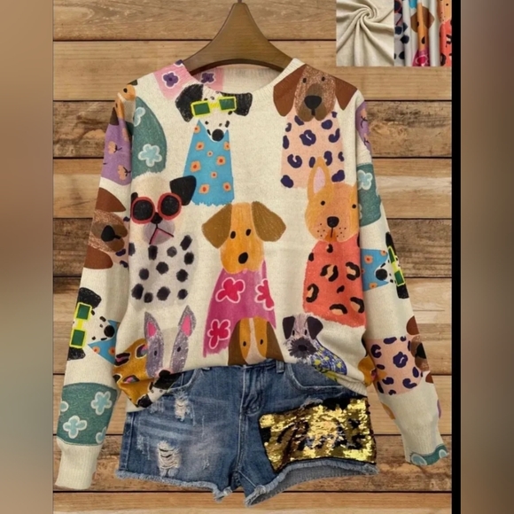 Colorful Ribbed Dog Print Long Sleeve Cruneck Sweater